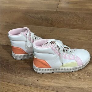 Stylish Women's High-Top Sneakers - Pink, White, and Orange slight wear